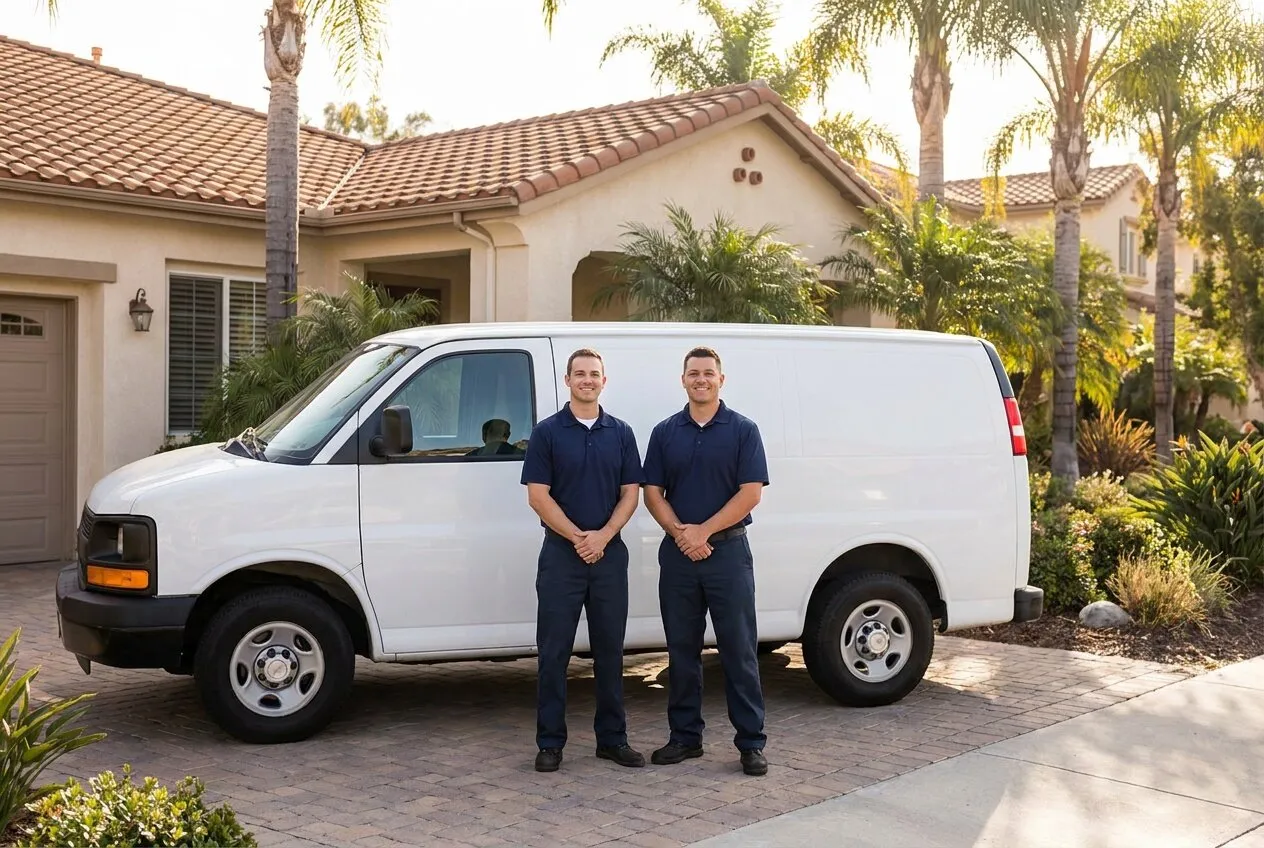Integrity Repipe crew with the company work van in front of an Orange County home